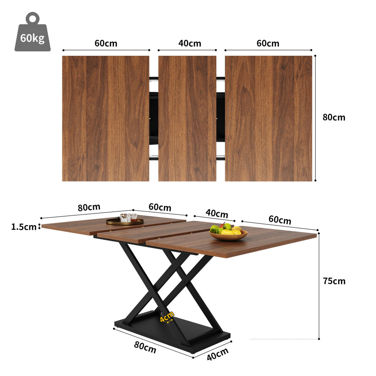 ESSTISCH aus MDF und Metall 120-160x80x75 cm Walnussfarben/Schwarz ausziehbar mit Kreuzgestell - Walnussfarben, Holzwerkstoff (160/80/75cm) - Modfu