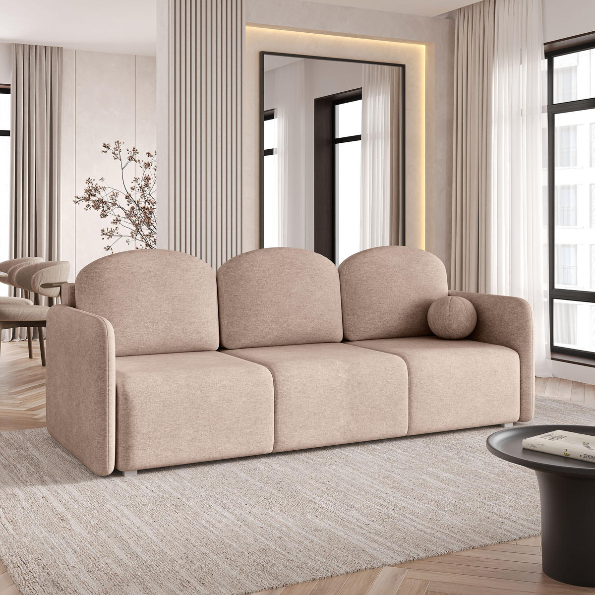 BETTSOFA SUVI III NV Beige Geflochtener Stoff mit Schlaffunktion - Beige, Textil (90/85/220cm) - MASSENO