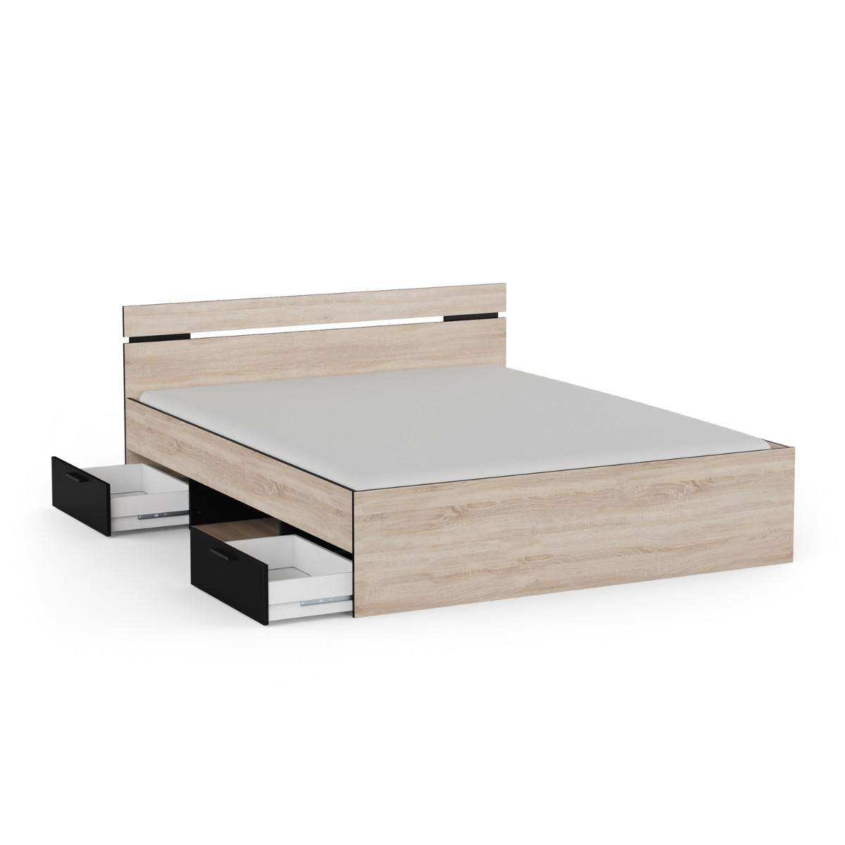 BETT 160x200 cm 2 schubladen und 1 fach - michigan 164,5/204,3/74,2 cm - Eichefarben/Schwarz, Holzwerkstoff (200/160cm) - Calicosy