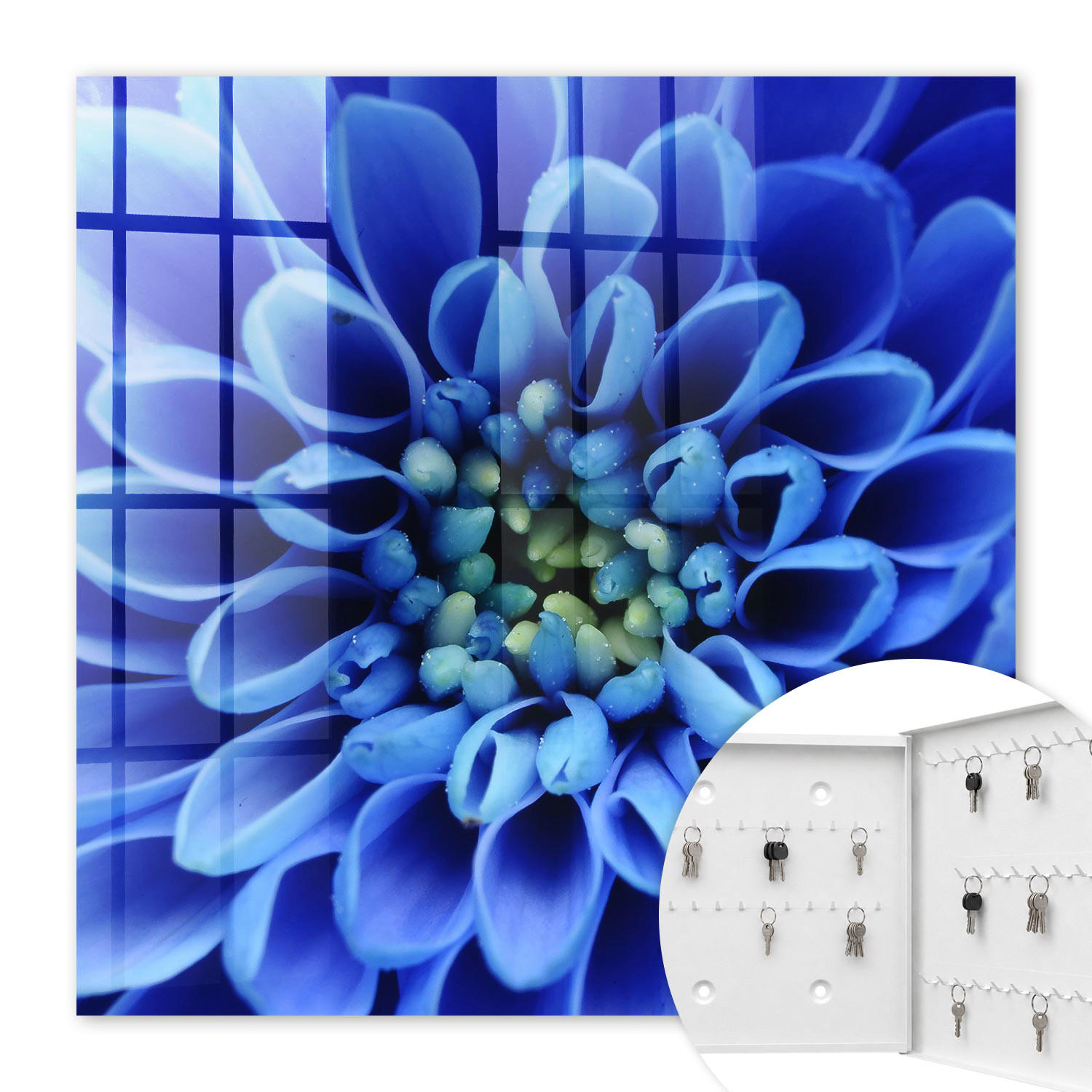 SCHLÜSSELBOX Weiß 30x30 cm – Türöffnung nach rechts - Blaue Blume - Blau, Metall (30/30/5cm) - TULUP