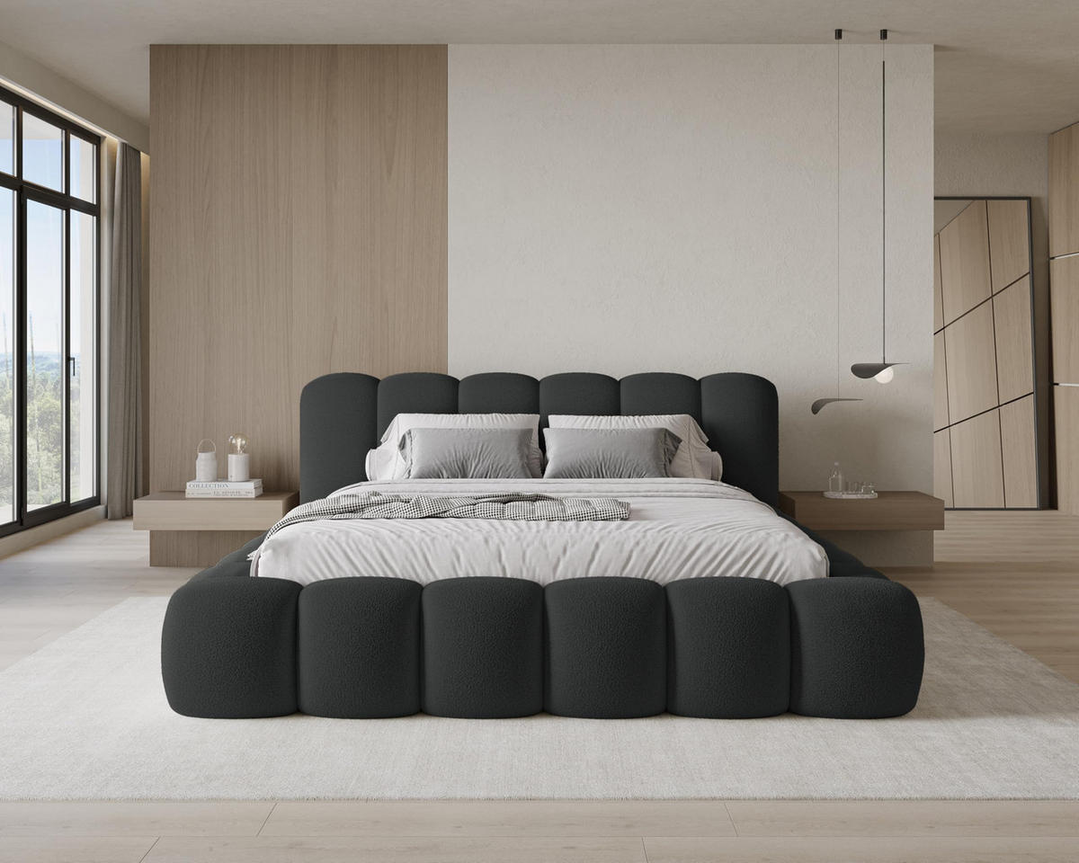 POLSTERBETT 180x200 mit Bettkasten, Lattenrost und Kopfteil, Bouclé-Stoffbezug Schwarz - Schwarz, Holz (180/200cm) - Chilly