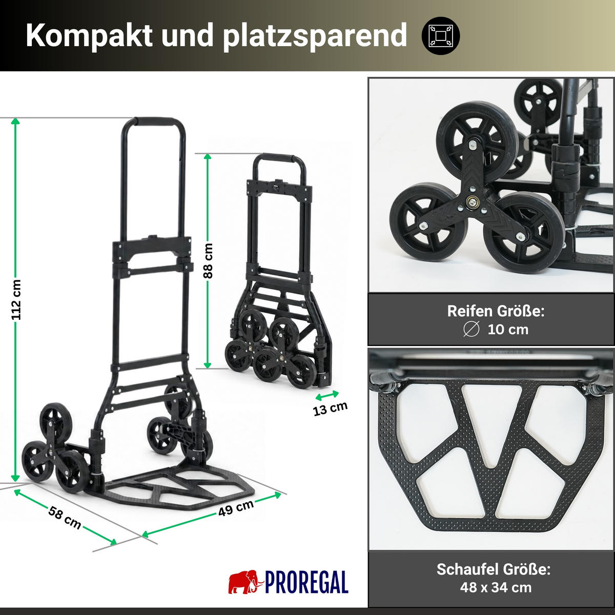 TREPPENSTEIGER Sackkarre Elephant klappbar 112x49x58cm Traglast 150kg AluminiumrahmenTRR Fachgummiräder Silber - Schwarz, Metall (58/49/112cm) - PROREGAL