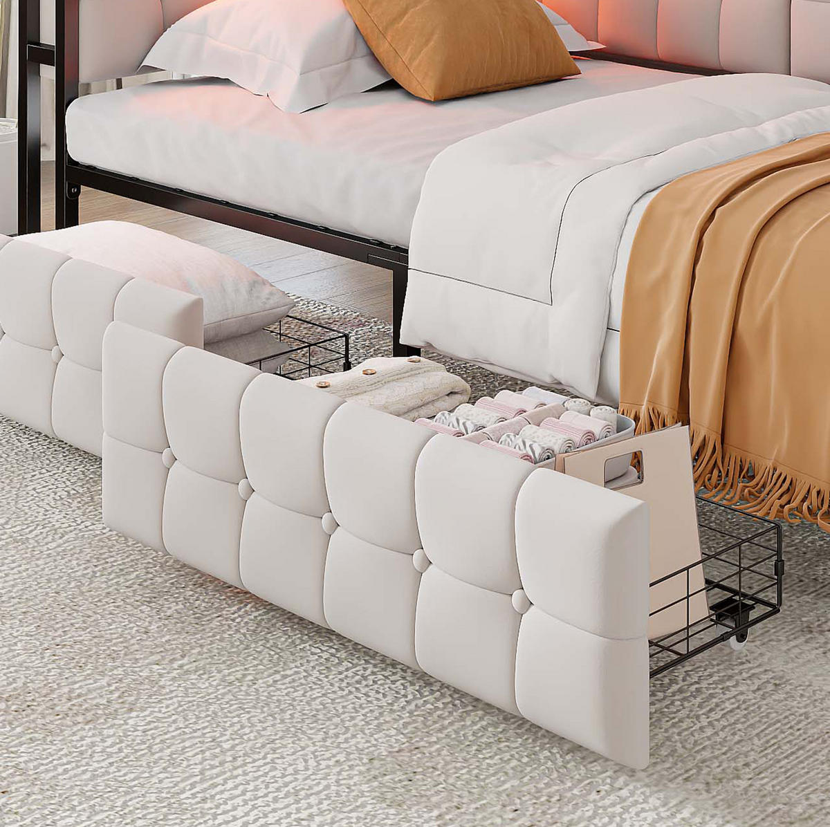 POLSTERBETT 90/200 cm Beige mit Stauraum mit LED-Beleuchtung und USB- und Type-C-Anschlüssen - Beige, Textil (90/200cm) - OKWISH