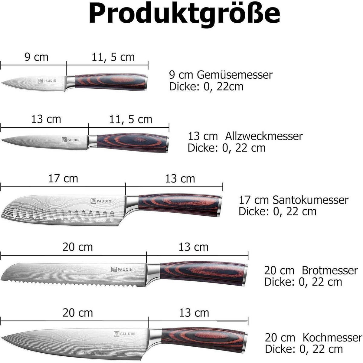 KÜCHENMESSERSET 5-teilig Carbon Edelstahl Pakkawood-Griff - Multicolor, Metall
