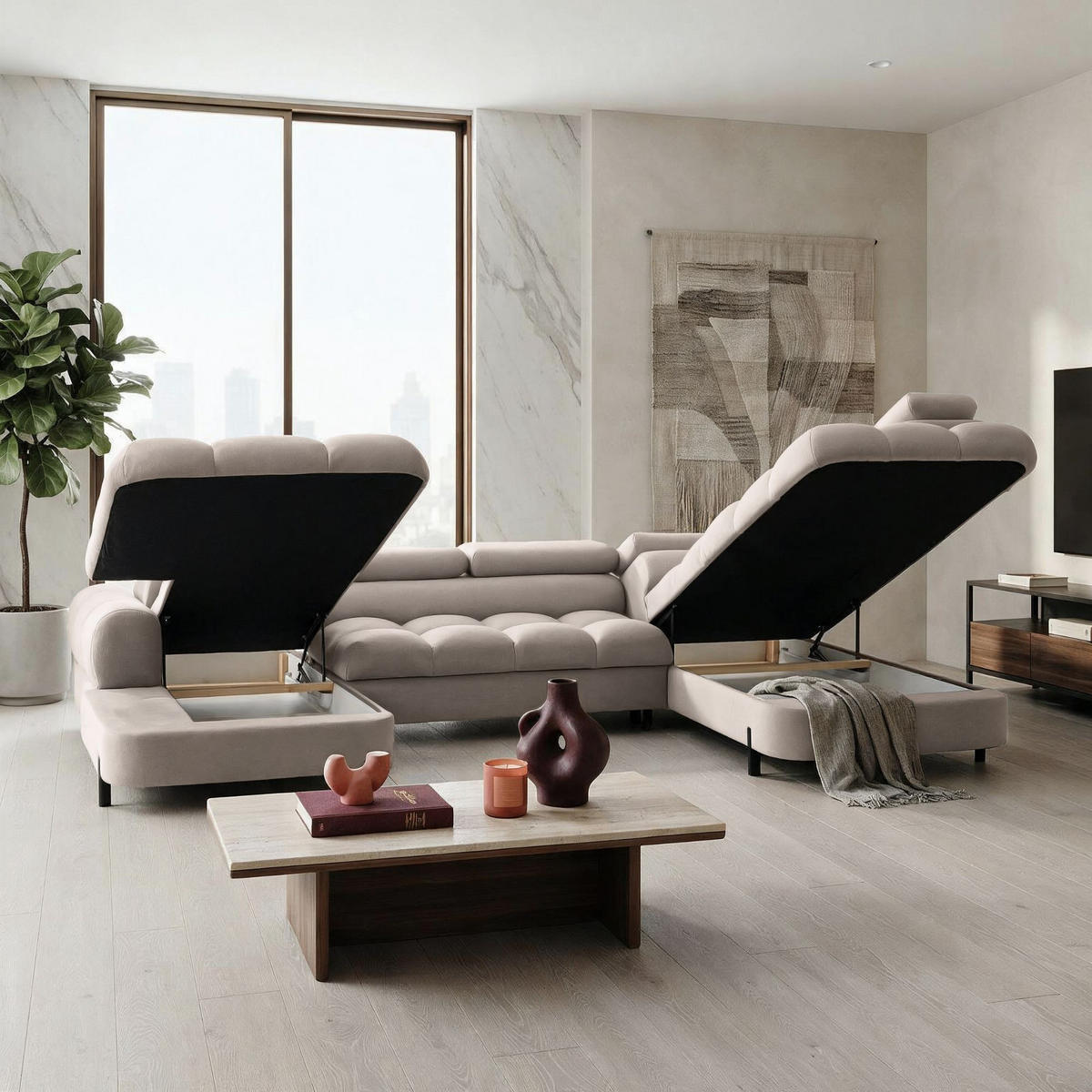 ECKSOFA U-Form BOWL U Rechts mit Schlaffunktion 125x265 Velours Beige - Beige/Schwarz, Holz/Textil (195/90/339cm) - Muffo