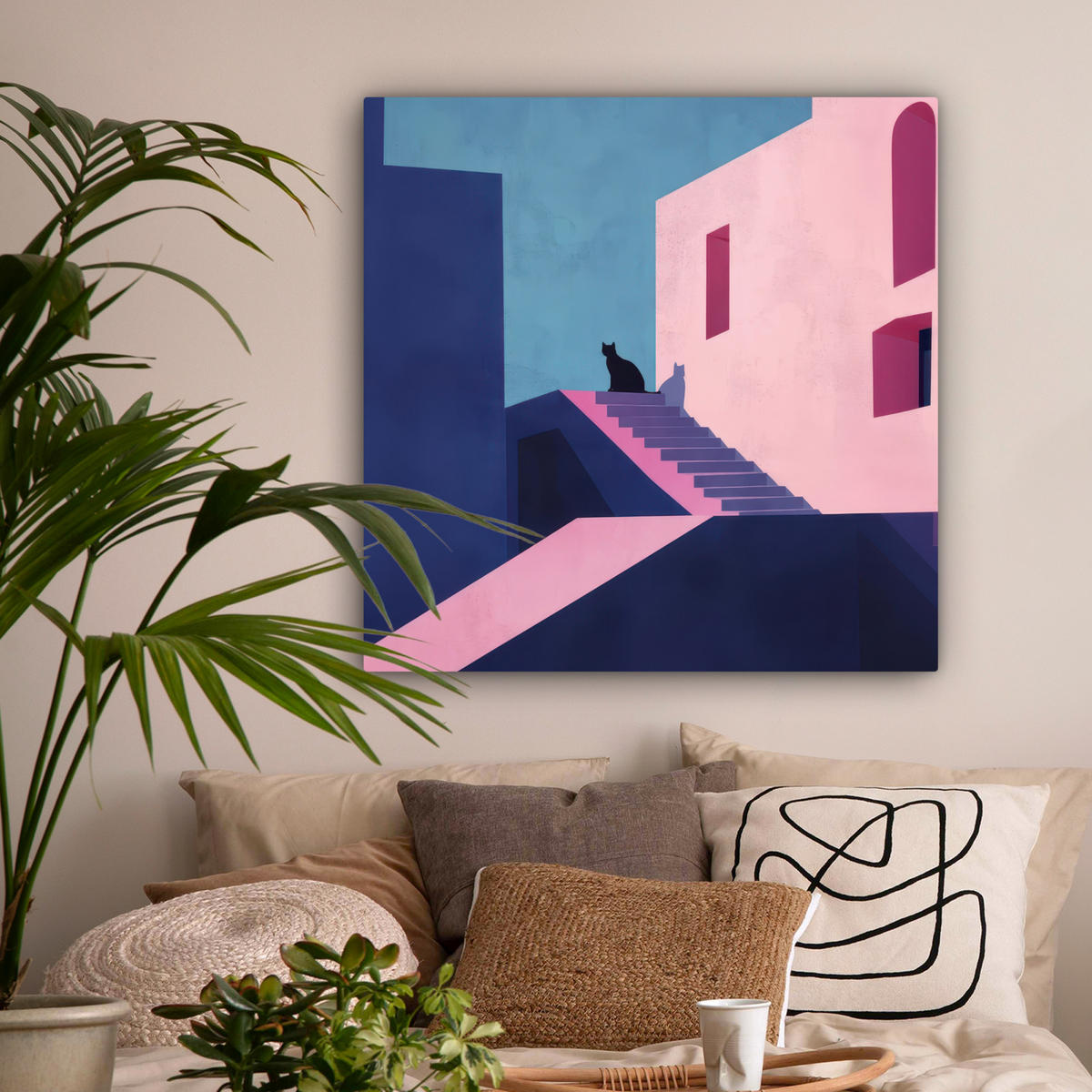 LEINWANDBILD Katze - Treppe - Gebäude - Schattenkontraste Deko Groß 90x90 cm - Dunkelblau, Textil (90/90cm) - MuchoWow