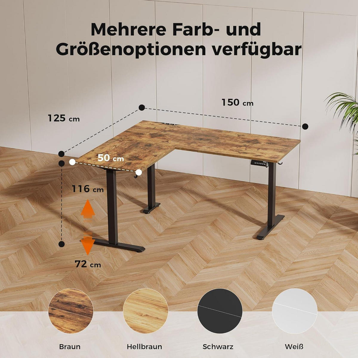SCHREIBTISCH L-förmig höhenverstellbar Braun 150 x 125 cm - Braun, Holzwerkstoff (150/60/75cm)