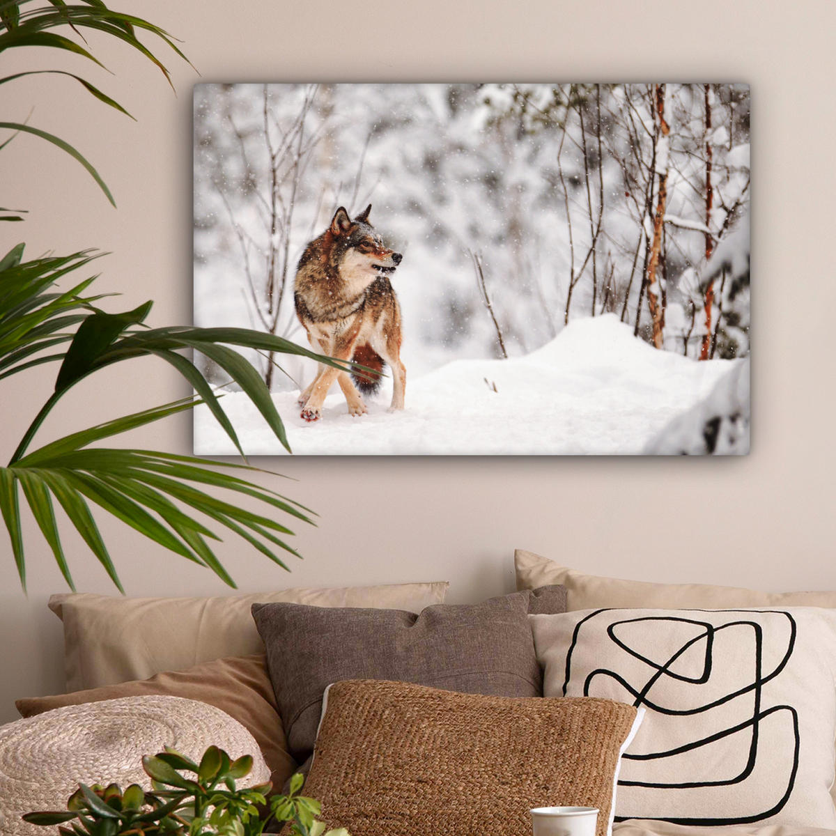 LEINWANDBILD Wolf - Winter - Schnee - Natur - Tiere Gemälde 60x40 cm - Haselnussfarben, Textil (60/40cm) - MuchoWow