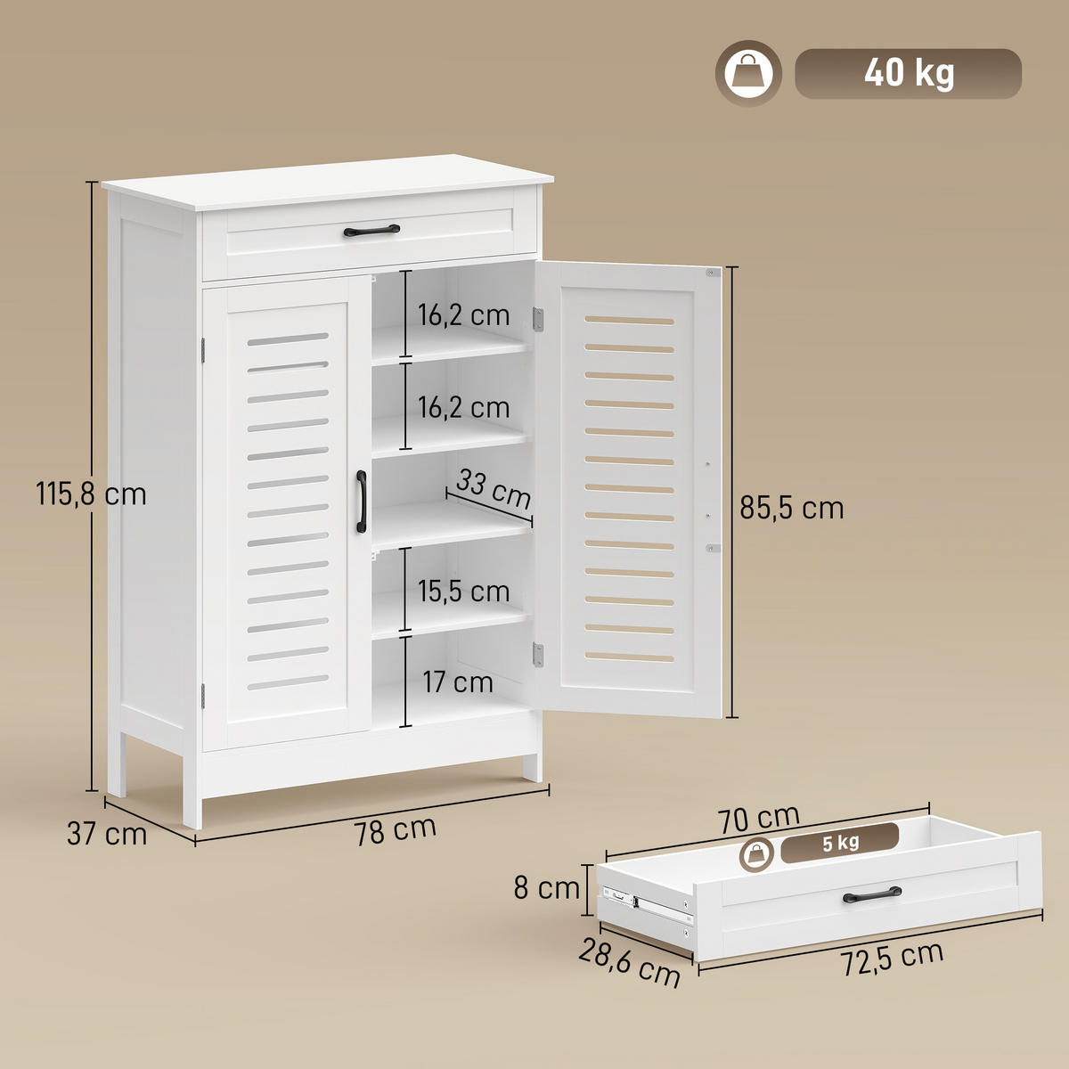 SCHUHSCHRANK Weiß MDF mit Türen und Schublade 1 Stück - Weiß, Holzwerkstoff (78/115.8/37cm) - PANGIVO