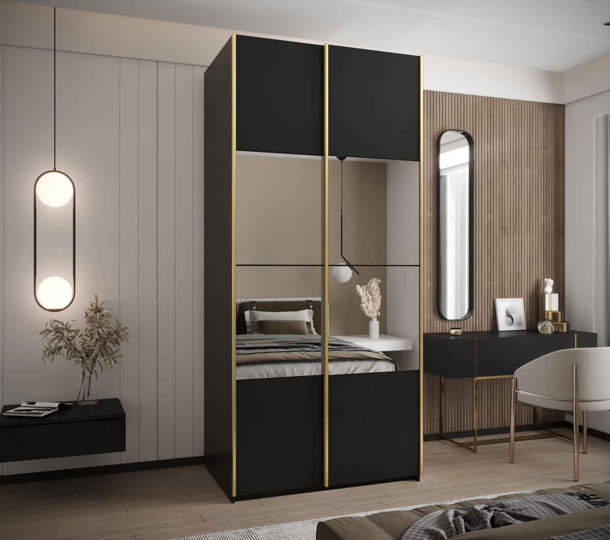 SCHWEBETÜRENSCHRANK 245,5/110/64 2-türig - Goldfarben/Schwarz, Holz/Metall (110/245/64cm) - Abiks Möbel
