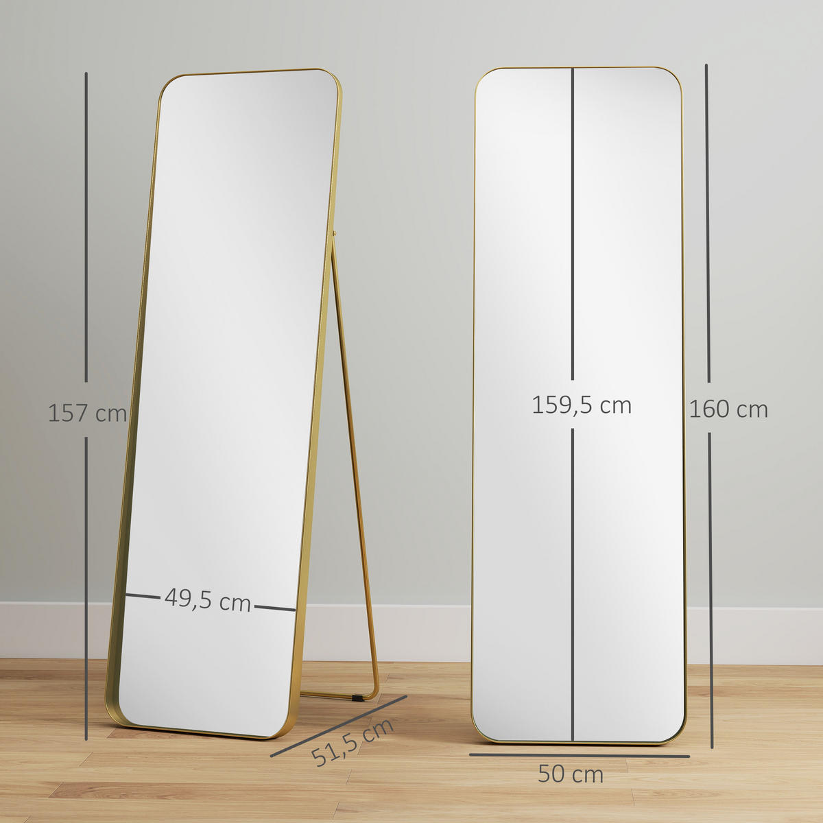 GANZKÖRPERSPIEGEL 160 x 50 cm Gewölbter Standspiegel, Gold - Goldfarben, Metall (50/160/6cm) - HOMCOM