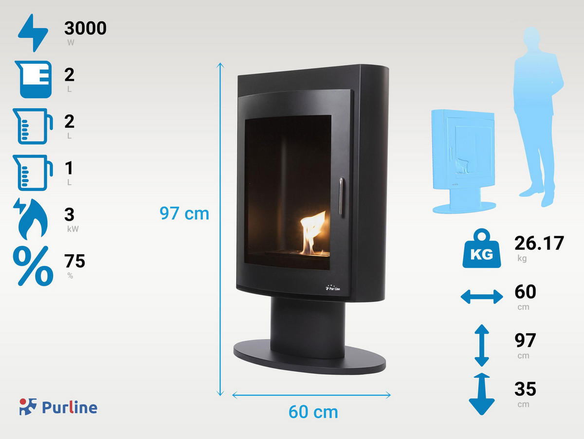 BIOETHANOL-OFEN Schwarz inklusive 2 L-Tank und 3 kW Leistung - Schwarz, Metall (60/97/35cm) - Purline
