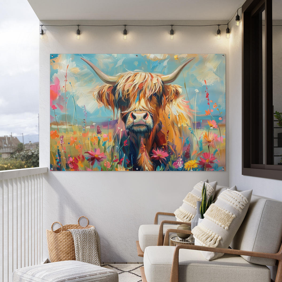 ZAHRADNÍ PLAKÁT Skotský horal - Příroda - Barevné - Květiny 180x120 cm - světle modrá, plast (180/120/0.2cm) - OnlyWow