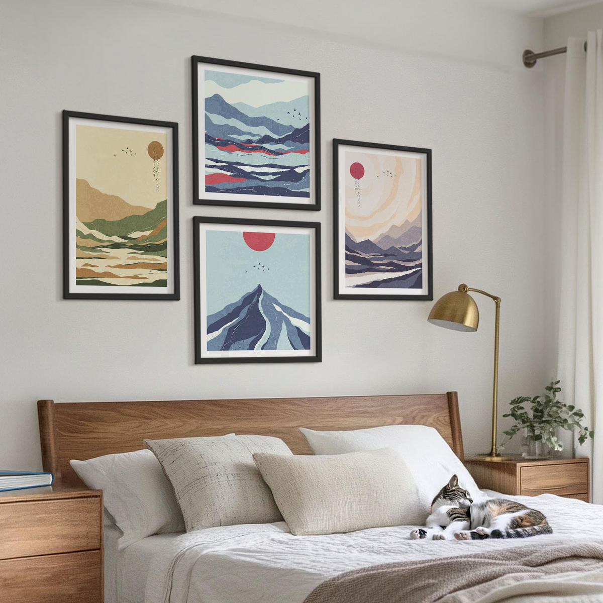WANDBILDER 4er-Set - 50x50 cm & 40x60 cm Schwarzer Rahmen - Pastellfarbene Berge im Japandi-Stil - Schwarz, Kunststoff (50/50cm) - ArtPrintCave