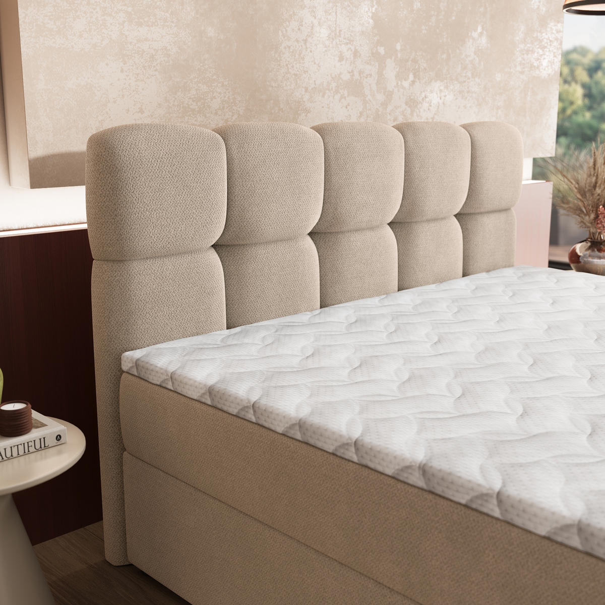 BOXBETT MERU 180x200 cm mit Matratze und Topper - Beige - Beige, Holz (180/200cm) - MASSENO