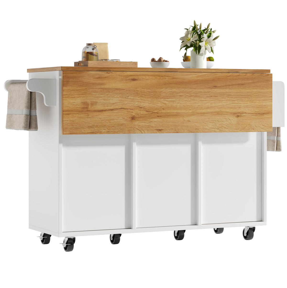 KÜCHENINSEL 146,85/70/90 cm in Weiß mit Klapptisch und Rollen - Weiß, Holzwerkstoff (146.85/90/70cm) - Flora Grace