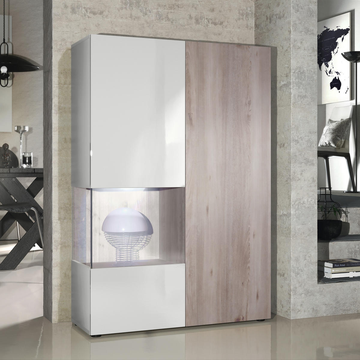 VITRINE Morena Tür und Einsatz in Eiche Nordic - Silbereichenfarben, Holzwerkstoff (91.5/136.5/37cm) - Vladon