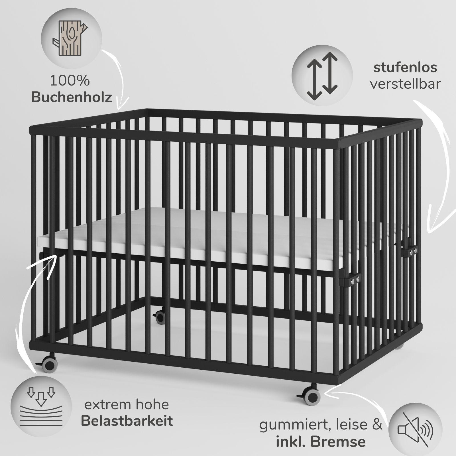 LAUFGITTER 75x100 cm mit Matratze & Schlupfsprossen - Black Edition - Premium Kollektion - Schwarz, Holz (100/74/75cm) - Sämann – make a difference.