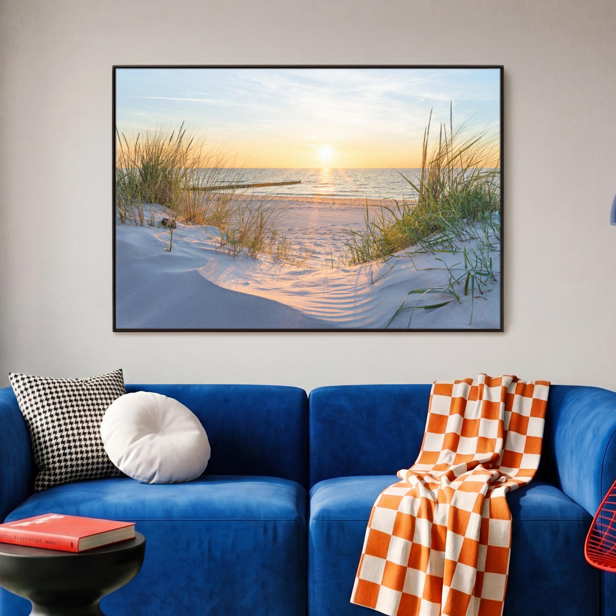 LEINWAND Bilder mit Rahmen - Strand - Sonne - Düne - Gras - Sand - Horizont - 90x60 - Hellblau, Textil (90/60cm) - MuchoWow