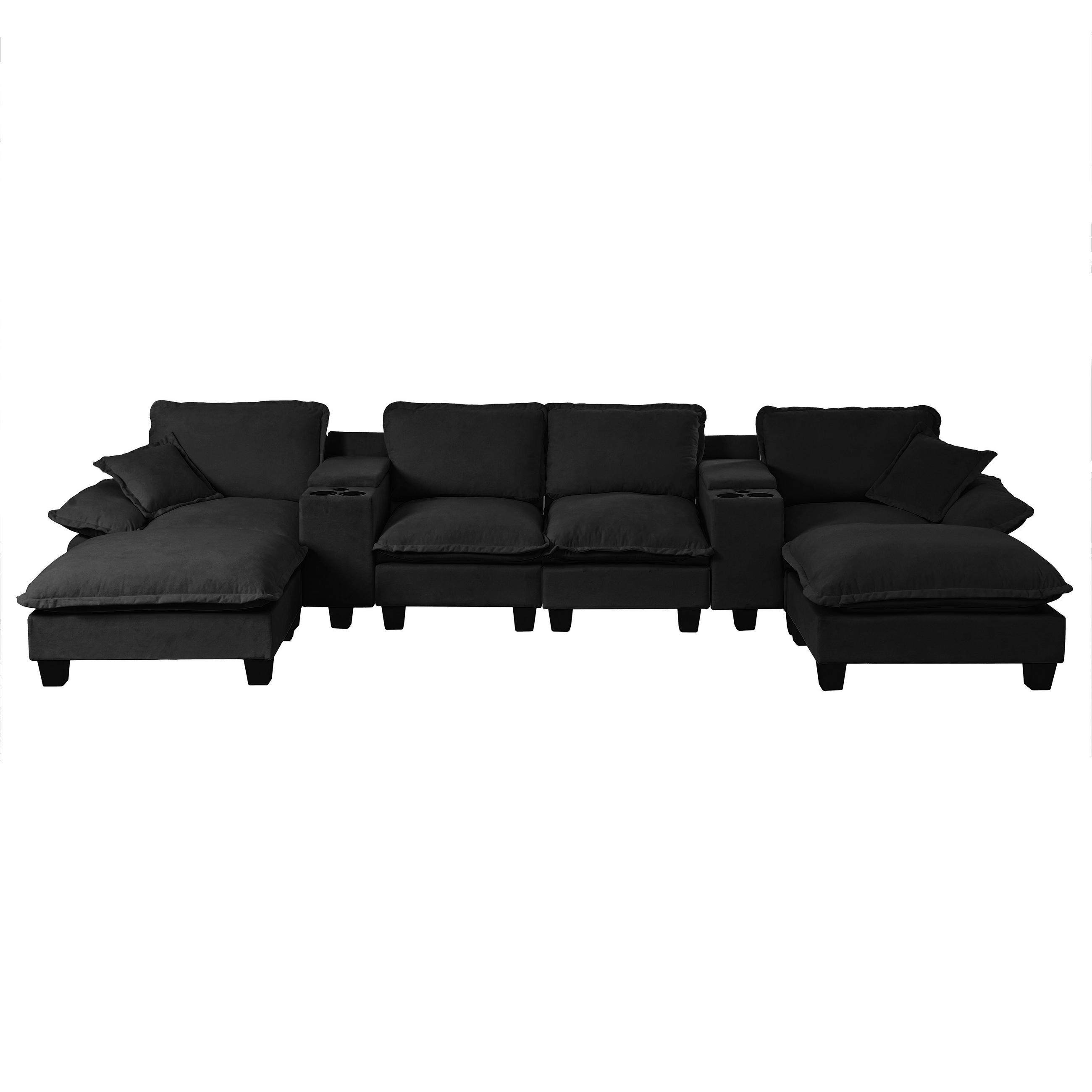 WOHNLANDSCHAFT Schwarz 392/151/90 cm 6-Sitzer Modular mit Stauraum & USB - Schwarz, Textil (392/90/151cm) - PANGIVO