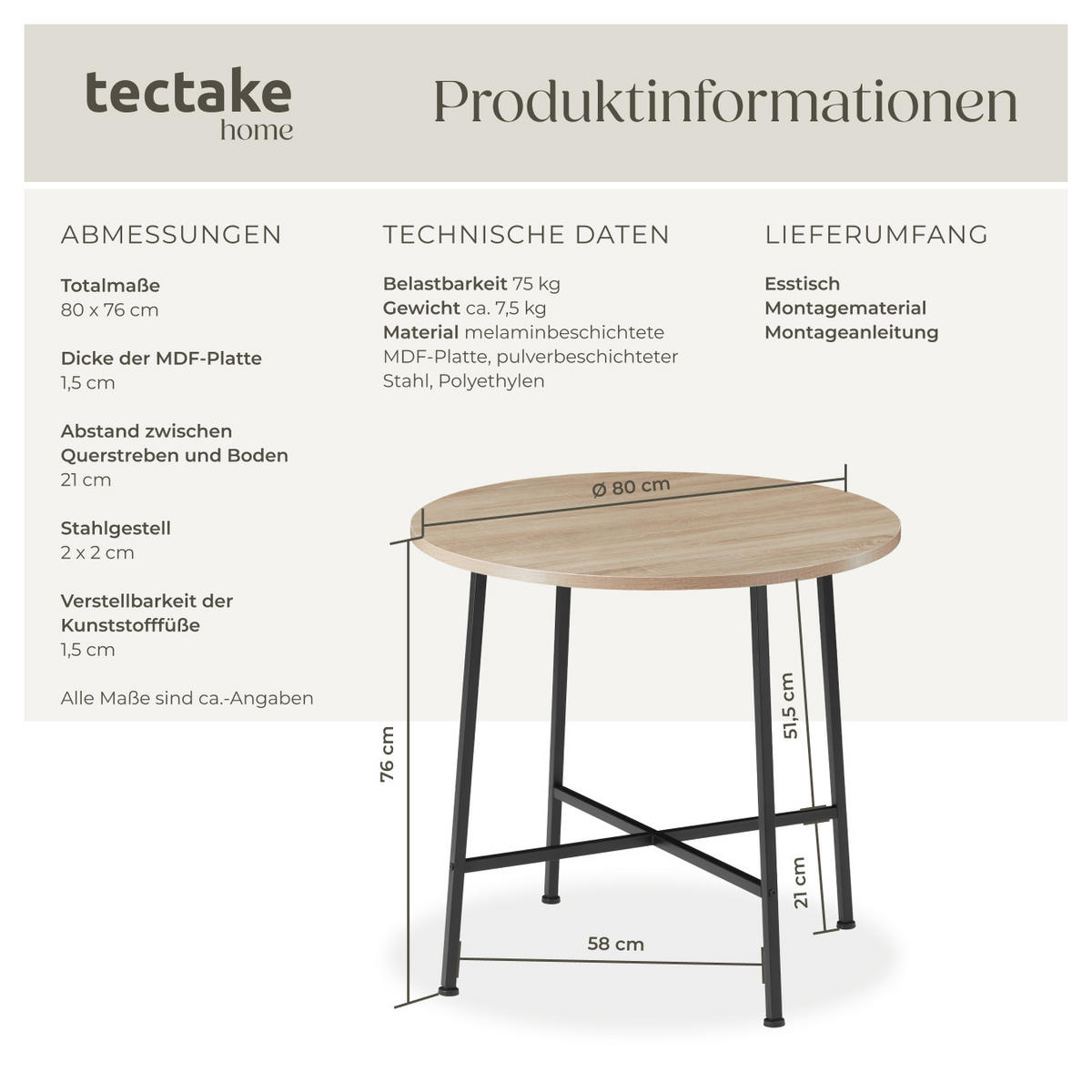 ESSTISCH Ennis,80 x 76 cm,Industrial Holz hell, Eiche Sonoma - Naturfarben, Holz (80/80/76cm) - tectake
