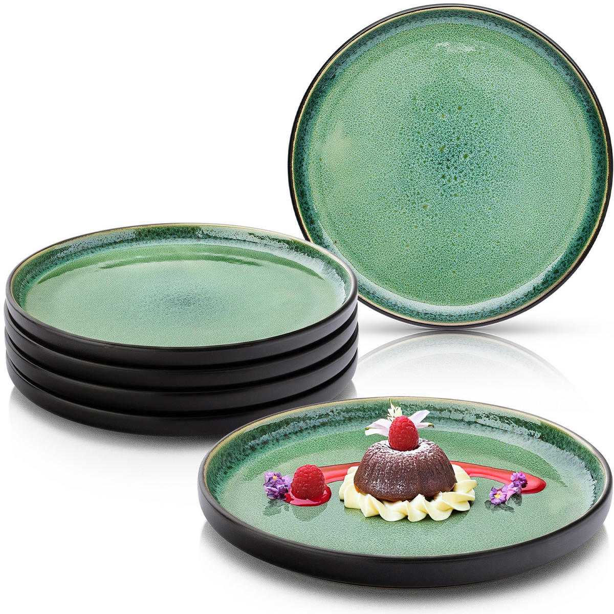 DESSERTTELLER SET GREENWICH - 6 teilig aus Steingut - Grün, Stein (20.7/20.7/6.3cm) - Sänger