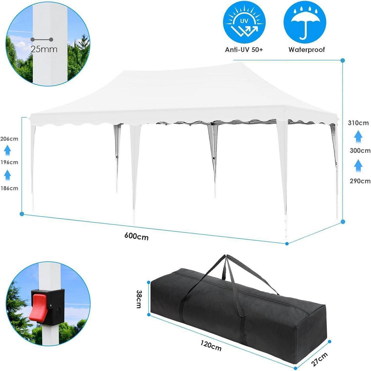 PAVILLON 3x6 m Faltpavillon Wasserdicht UV Schutz 50+ 6 Seitenwände 290-310 cm Höhe Weiß - Weiß, Textil (300/310/600cm)