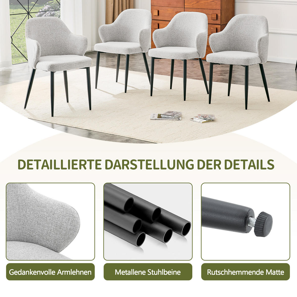 ARMLEHNSTUHL-SET DE-36721 2 Stück mit breiter Rückenlehne Hellgrau - Hellgrau, Metall (56.5/83/53cm) - ComfortXL
