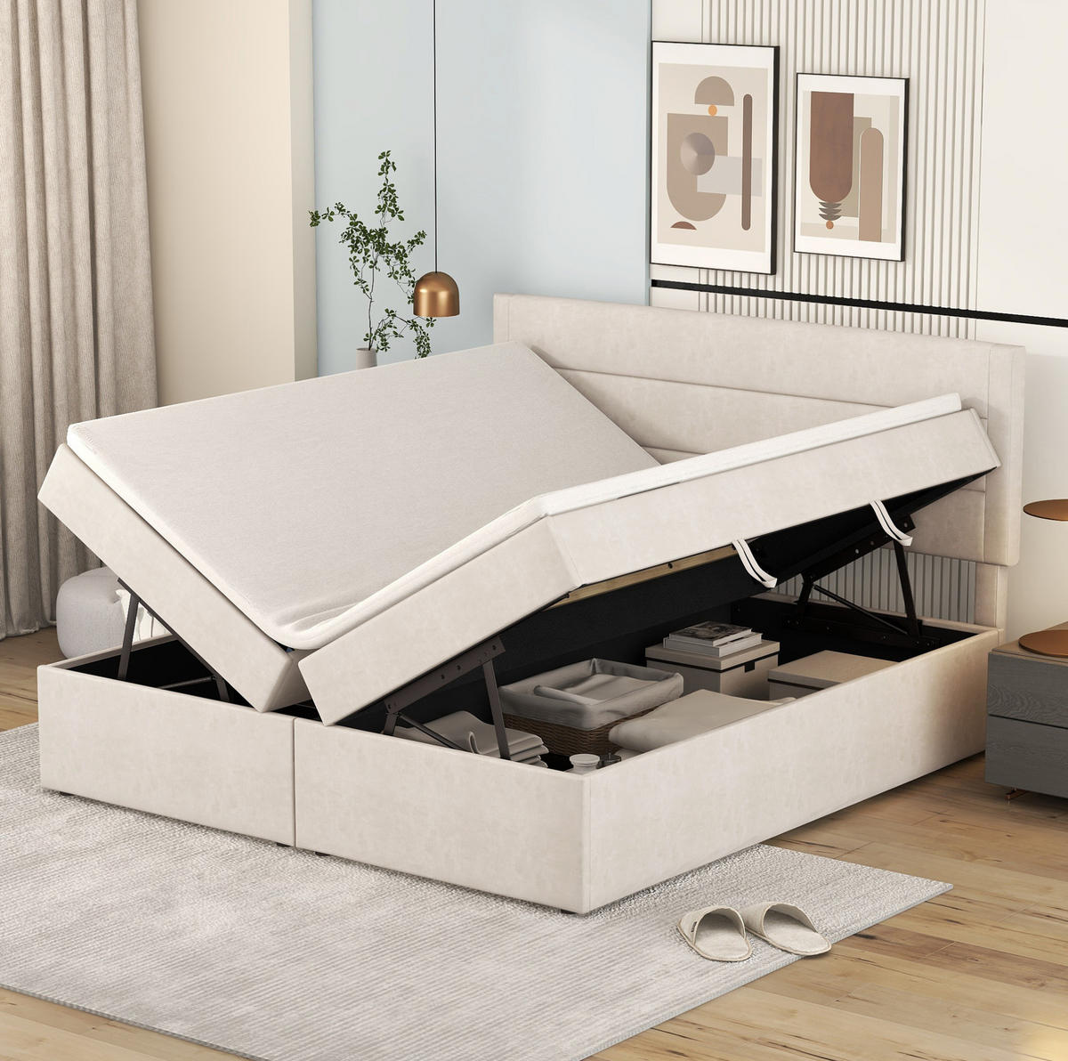 POLSTERBETT mit Bettkasten 140x200 cm Beige - Beige, Holz (140/200cm) - Meubliv