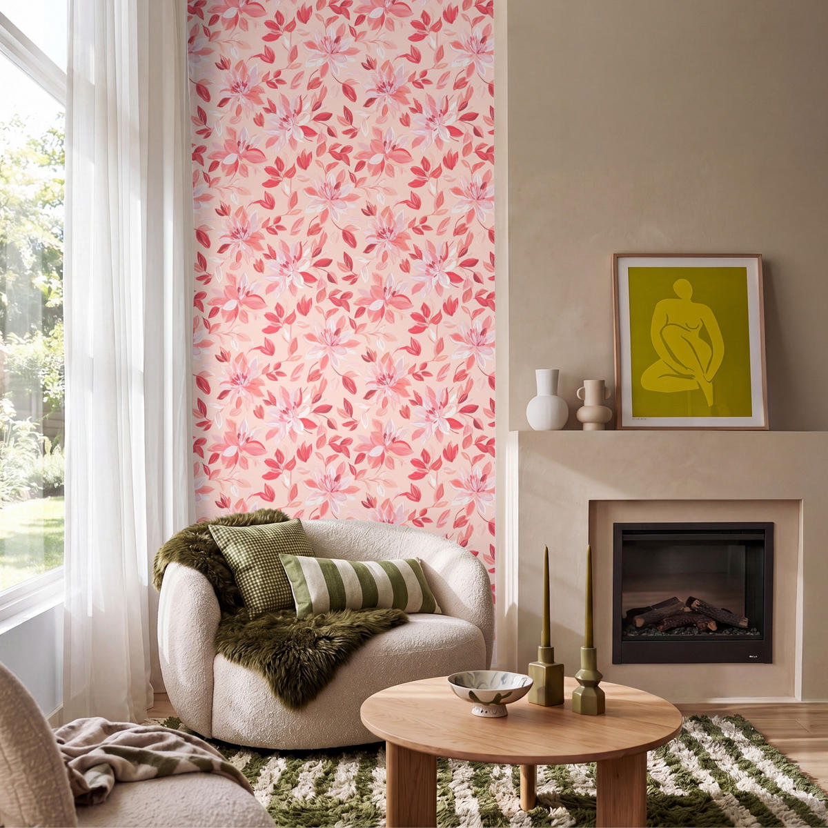 TAPETE - Botanisch - Blumen - Rot - 100x220 cm - Koralle, Papier (100/220cm) - OnlyWow