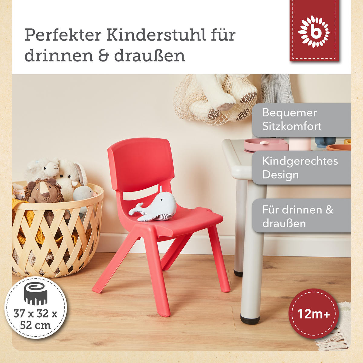 KINDERSTUHL bis 80 kg belastbar - Rot, Kunststoff (34/51.5/36cm) - Bieco Spielwaren