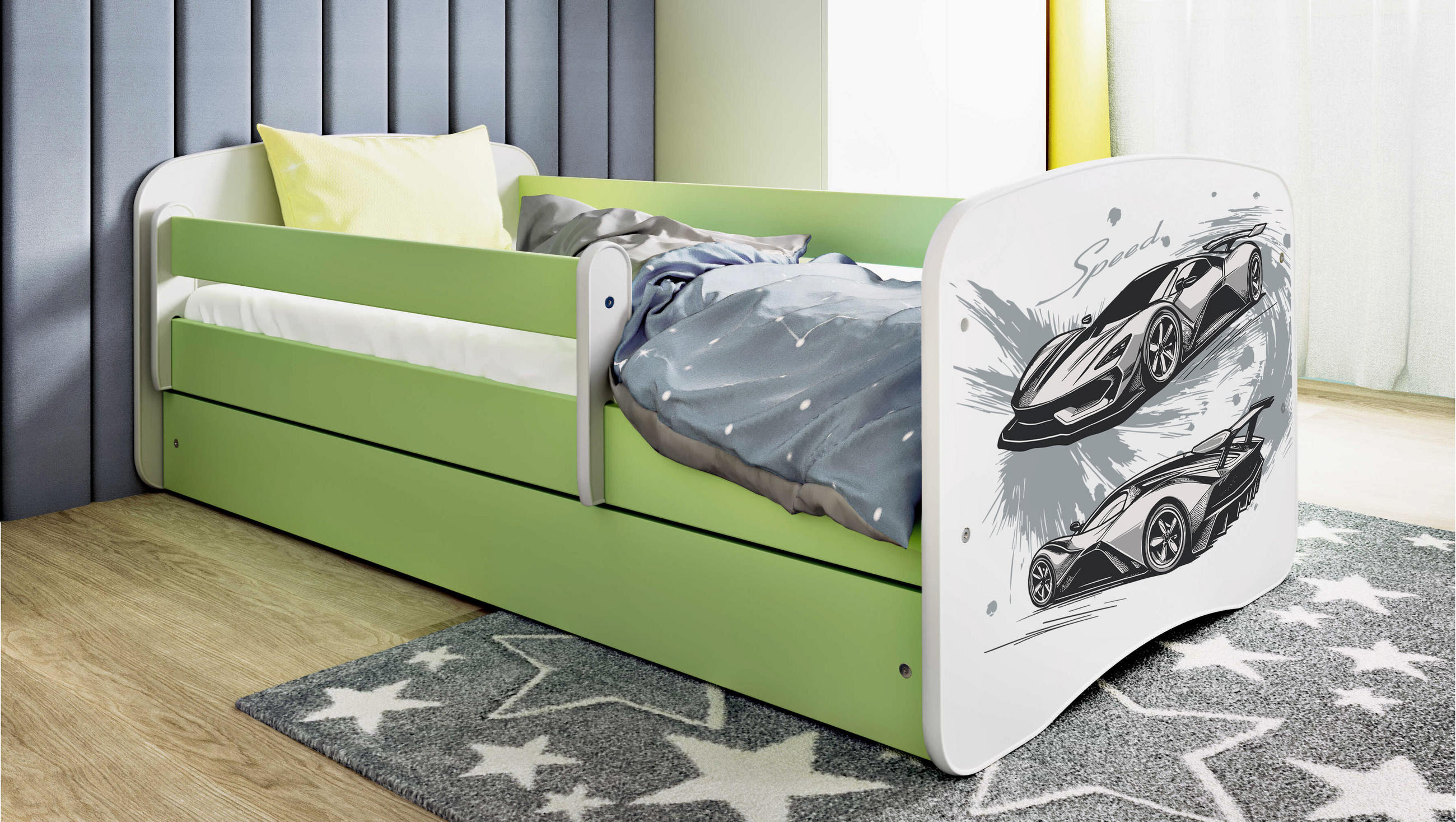 KINDERBETT Sportwagen mit Schublade und Matratze 160/80 - Grün, Holzwerkstoff (80/160cm) - RAUMHIRSCH FURNITURE