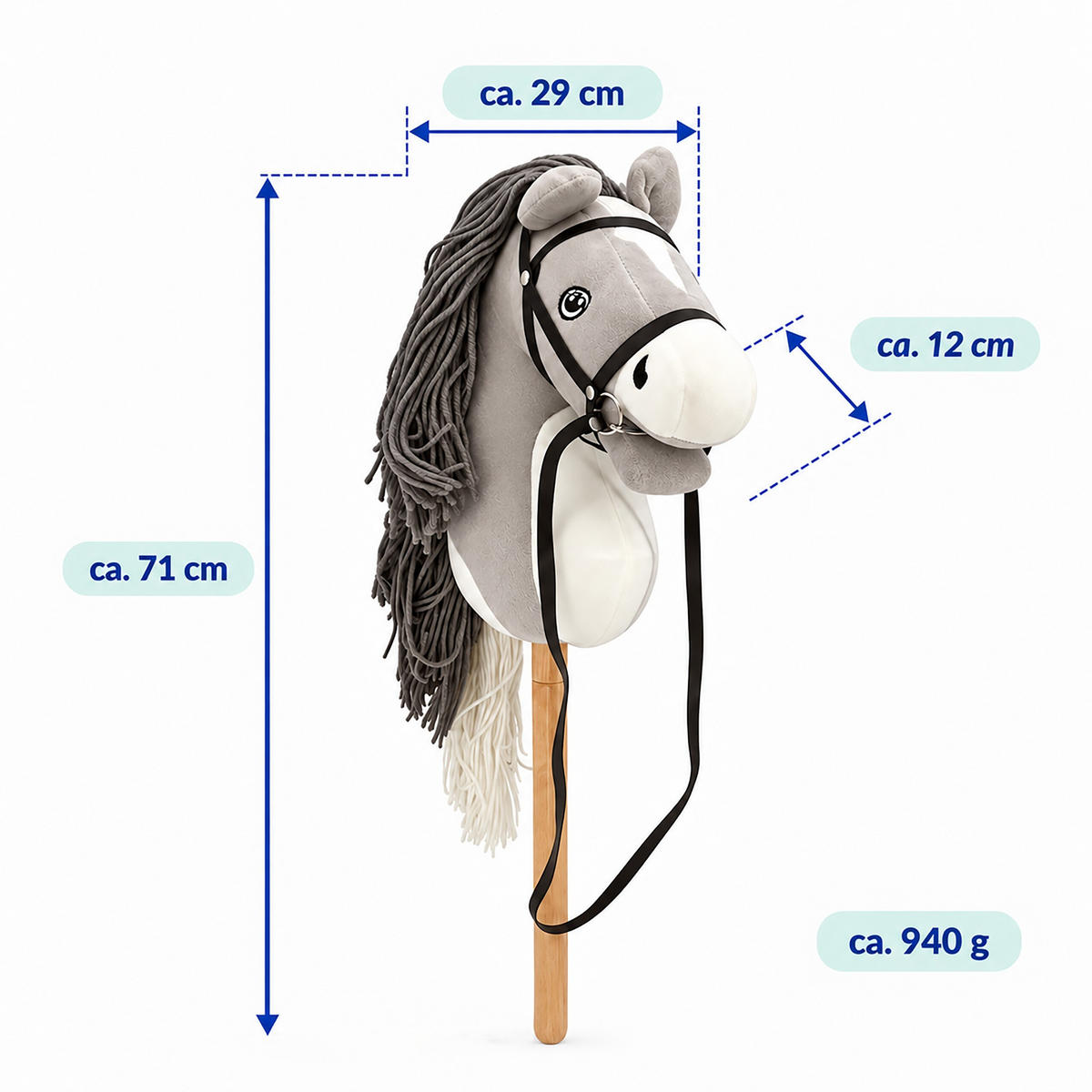 KONÍK Šedý na tyči plyšový 71 cm s odnímatelnou bukovou tyčí - šedá, dřevo/textil (12/71/29cm) - Relaxdays