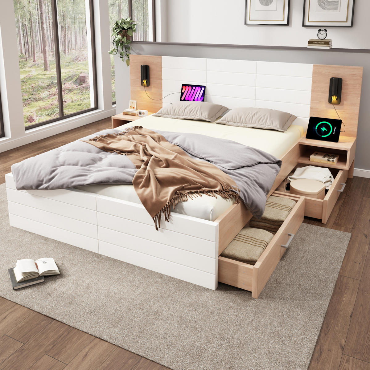 POLSTERBETT aus Massivholz und MDF 140x200 cm in Weiß mit USB & Leselicht - Weiß, Holzwerkstoff (140/200cm) - Modfu