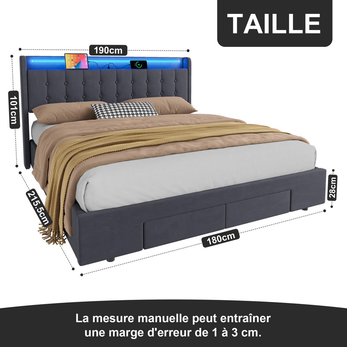 TAPECIRANI krevet 180x200 cm s LED rasvjetom, 2 velike ladice - siva, tekstil (180/200cm) - Modenvie