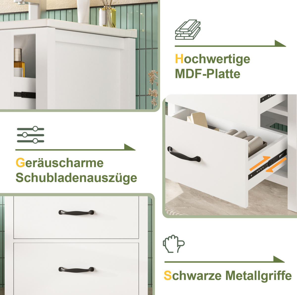 FREISTEHENDER Waschtisch aus MDF und Keramik 61x47x83 cm Weiß mit 3 Schubladen und Keramikbecken - Weiß, Keramik (61/83/47cm) - Modfu