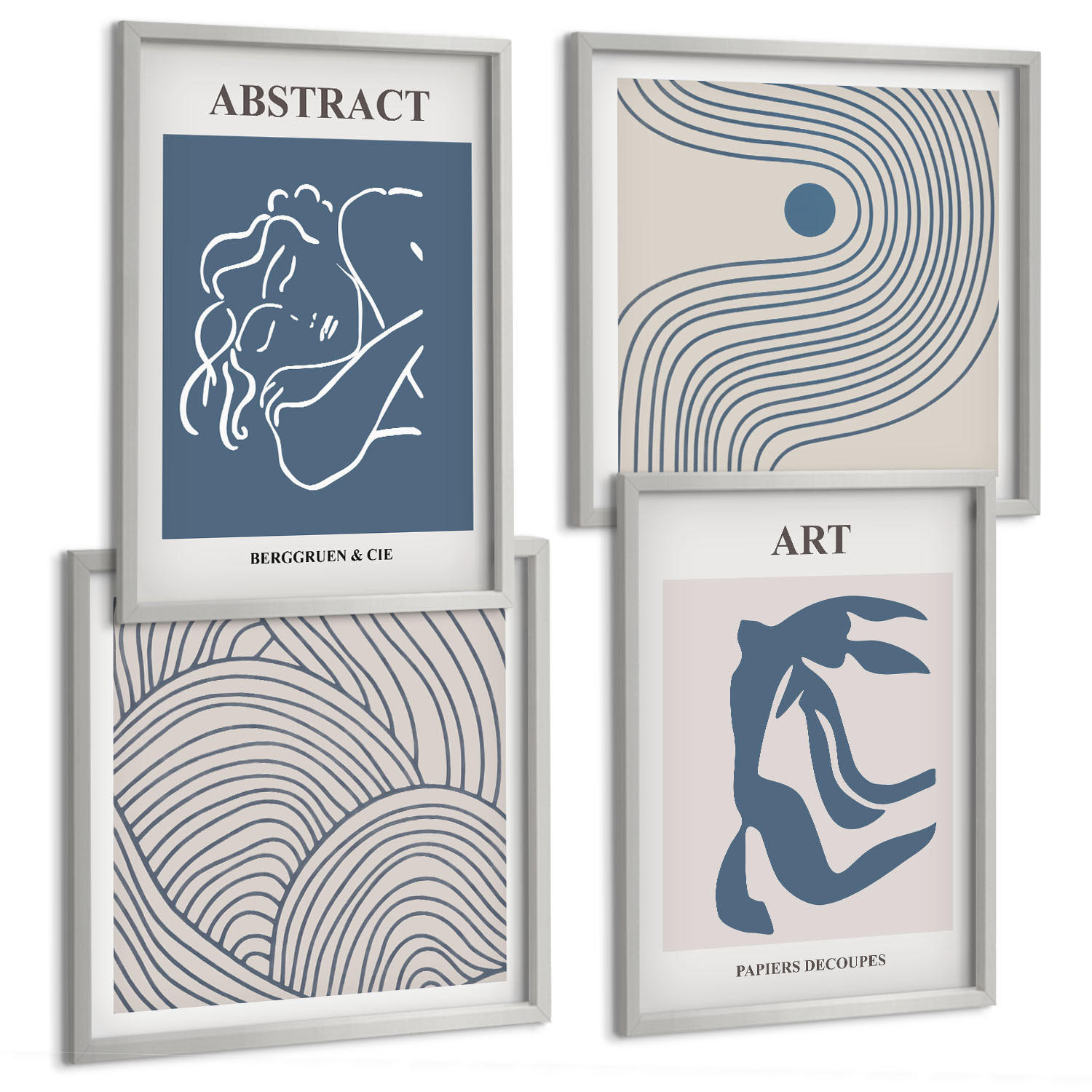 BILDER SET 4er Set - 50x50 cm & 40x60 cm Silberner Rahmen - Poster mit abstrakten Linien und Wellen - Silberfarben, Kunststoff (50/50cm) - TULUP