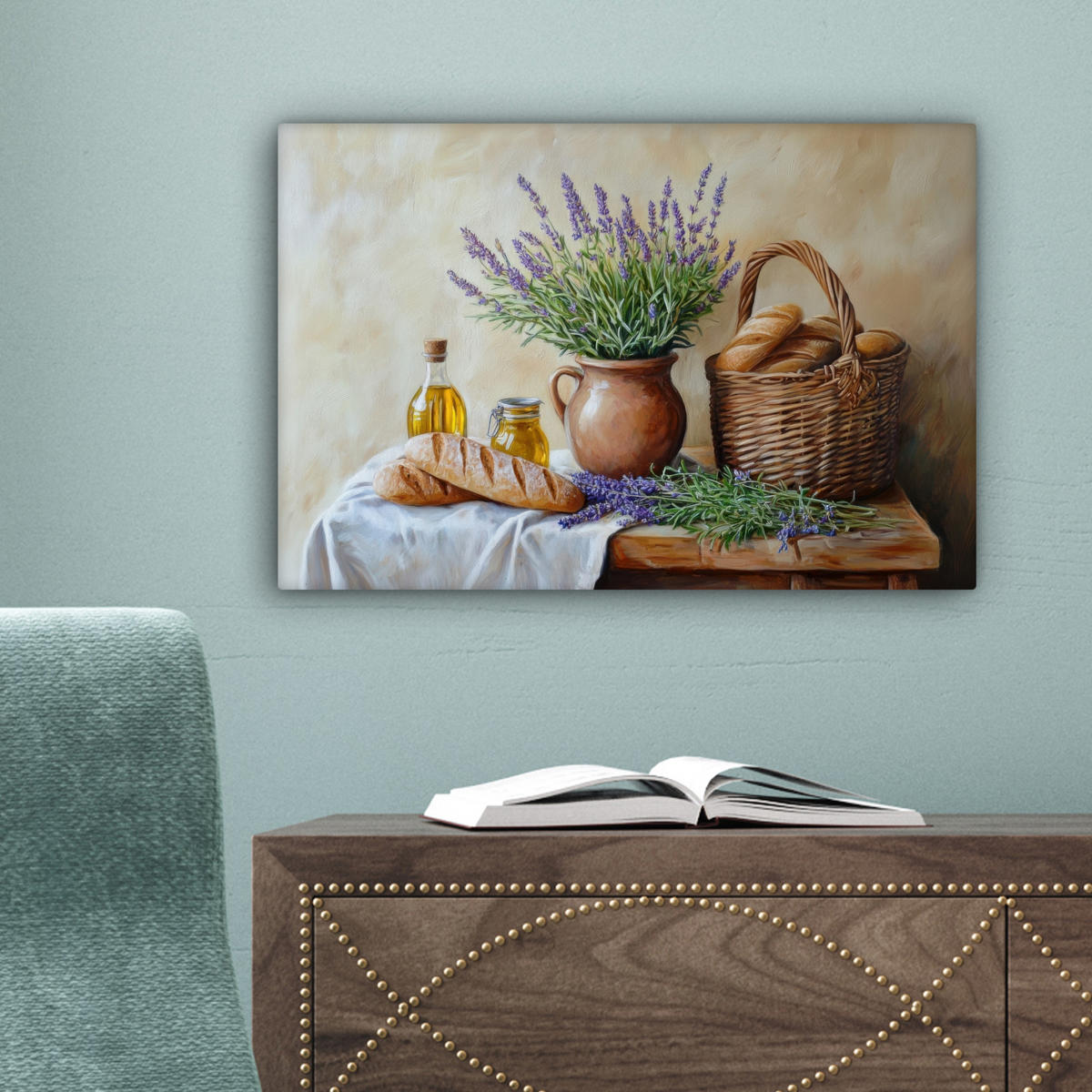 LEINWANDBILD Lavendel - Brot - Stilleben 30x20 cm - Flieder, Textil (30/20cm) - MuchoWow