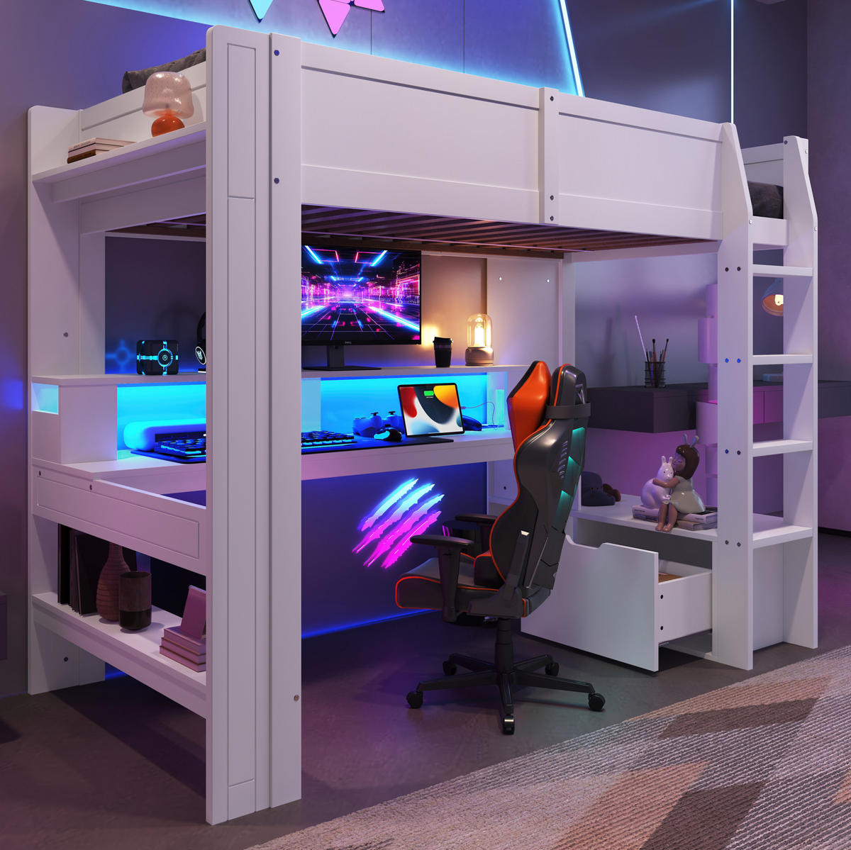 HOCHBETT 90/200 cm Weiß aus Kiefernholz und MDF mit Schreibtisch und LED-Beleuchtung - Weiß, Holz (90/200cm) - OKMYHOME