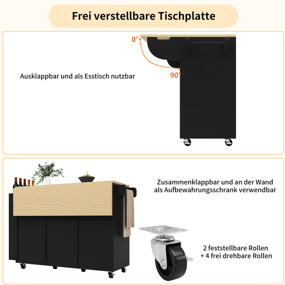 KÜCHENINSEL mit Klapptisch 110 x 42 x 90 cm MDF Schwarz - Schwarz, Holz (42/90/110cm) - Beauniv