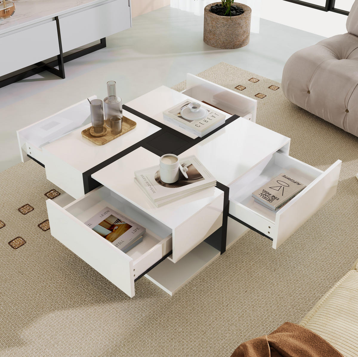COUCHTISCH aus Spanplatte 78x78x36 cm in Weiß mit 4 Schubladen - Weiß, Holzwerkstoff (78/78/36cm) - Modfu