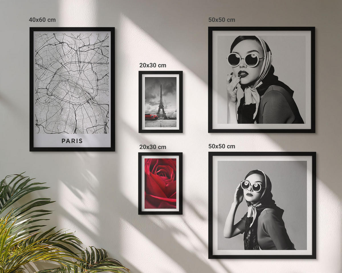 BILDER SET 5er Set - 50x50 cm & 20x30 cm & 40x60 cm Schwarzer Rahmen - Pariserin mit Eiffelturmbrille - Schwarz, Kunststoff (40/60cm) - TULUP