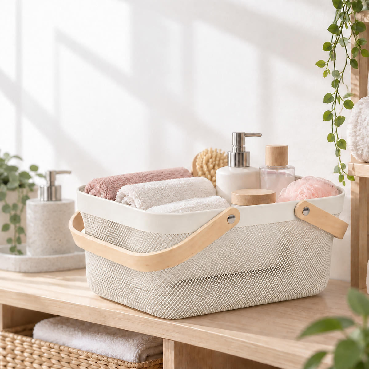 DRAHTKORB Creme Henkel 17,5x43x27 cm - Creme, Holz/Metall (43/17.5/27cm) - Relaxdays