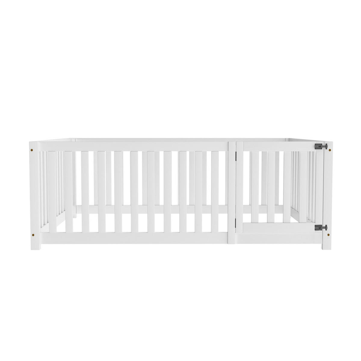 BODENBETT 140/200 cm Weiß mit Zaun und Tür aus Kiefernholz - Weiß, Holz (140/200cm) - OKWISH