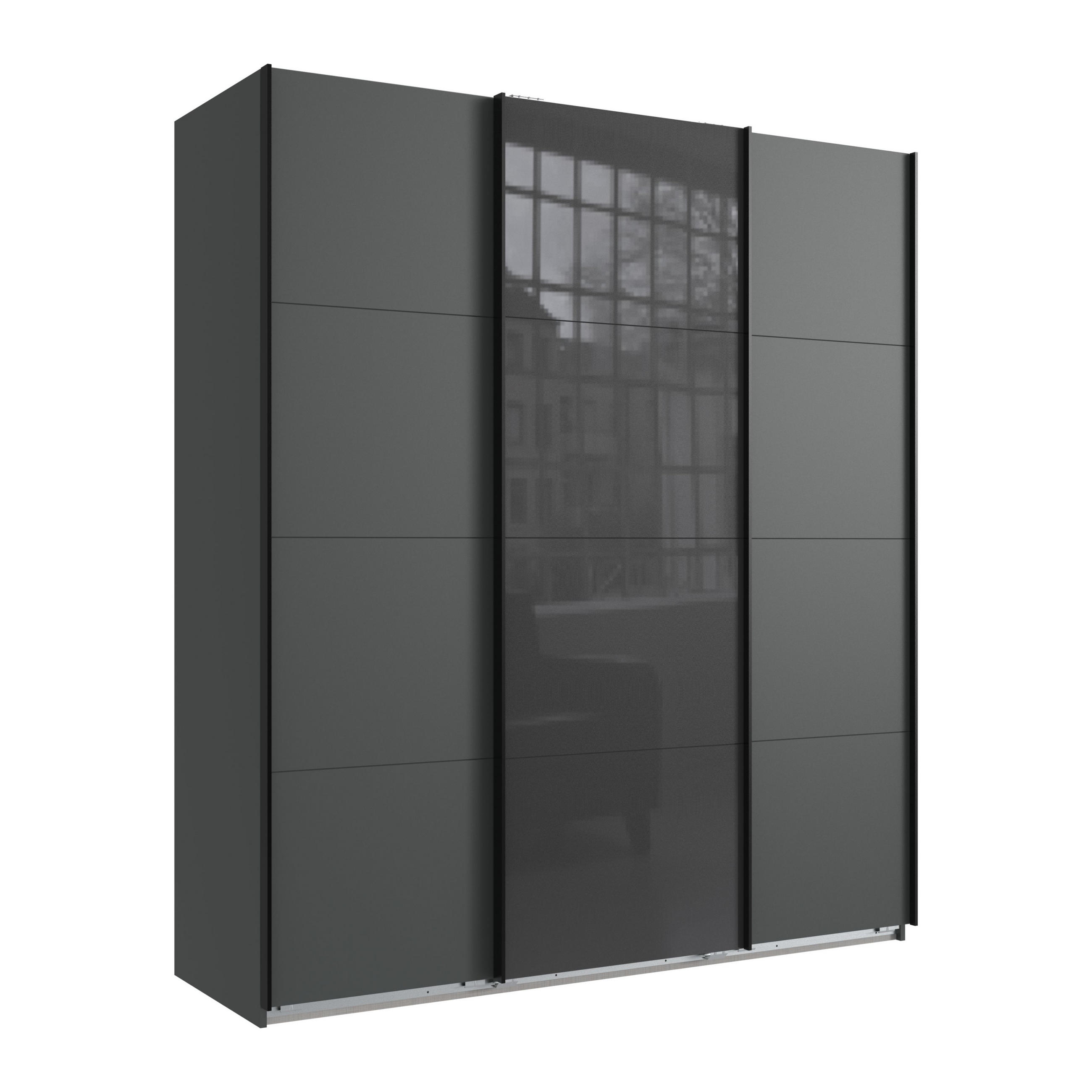 luma-home SKŘÍŇ S POSUVNÝMI DVEŘMI, 3dveřová, šířka 180 cm / výška 208 cm / hloubka 64 cm, barva grafitová, s jedněmi prosklenými dveřmi v šedé barvě