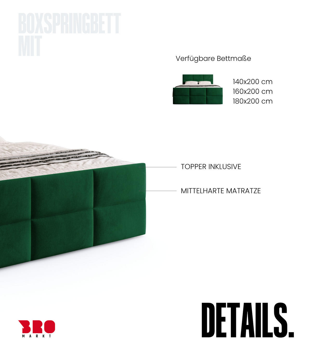 BOXSPRINGBETT Boston Duo Mit Bettkasten, Topper und Matratze Dunkelgrün Kronos 19 160x200 cm - Dunkelgrün/Schwarz, Textil (160/200cm) - Bromarkt