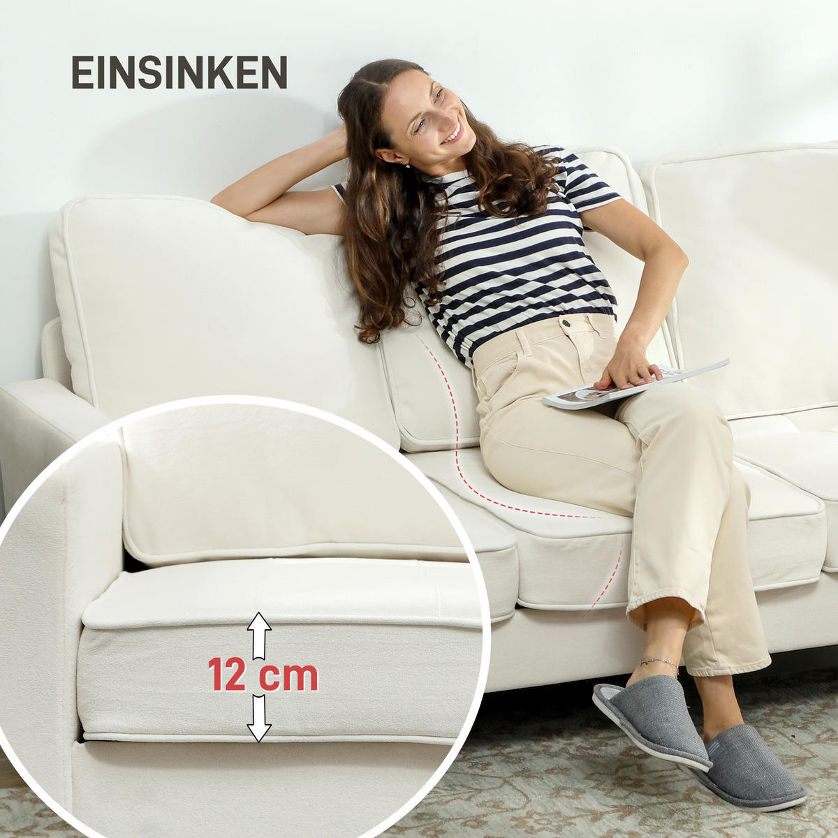 3-SITZER Sofa, Couch mit Armlehnen, Getufteter Rückenlehne, Samtoptik, Creme - Creme/Naturfarben, Holz/Textil (79/82/185cm) - HOMCOM