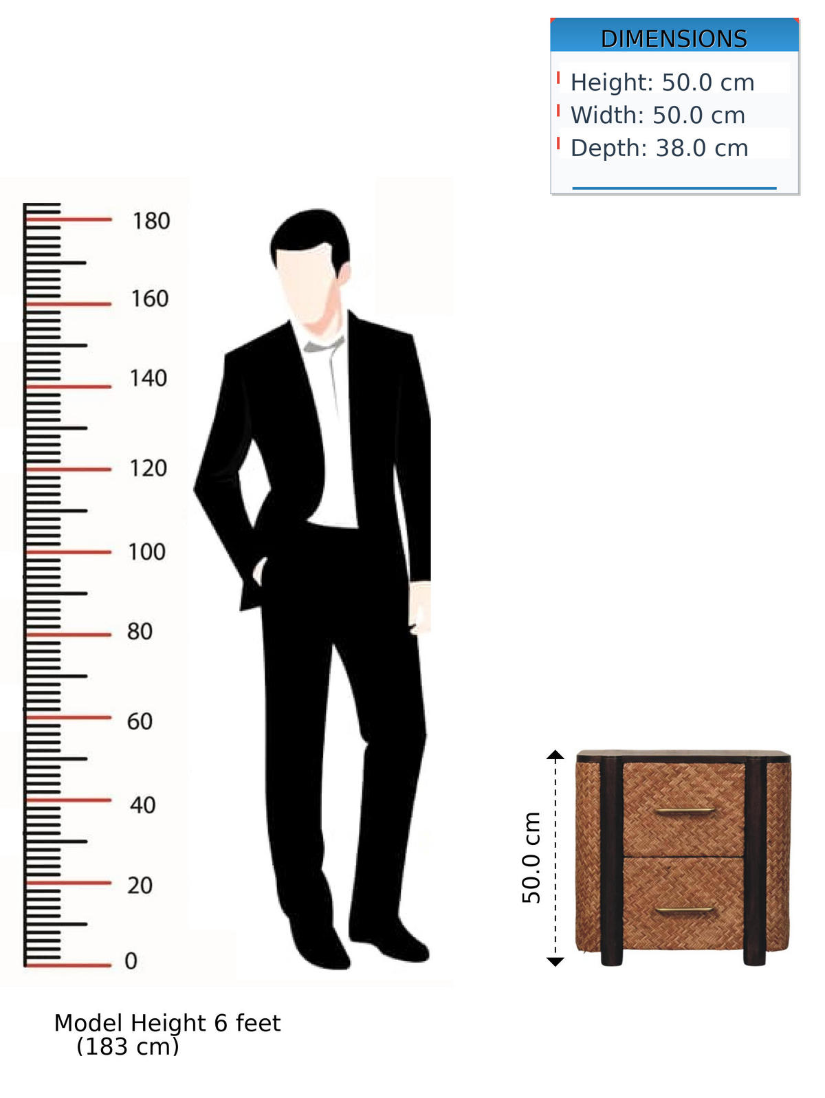 NACHTKASTEN Havana Geflechtfront, 2 Schubladen, Braun - Hellbraun/Messingfarben, Holz/Metall (50/50/38cm) - Artisan Furniture