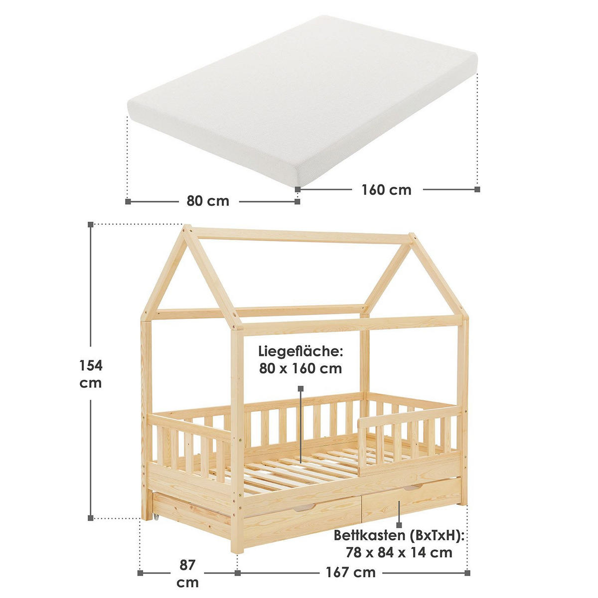 KINDERBETT Marli natur 80x160 cm mit Bettkasten und Matratze - Naturfarben, Holz (80/160cm) - Juskys