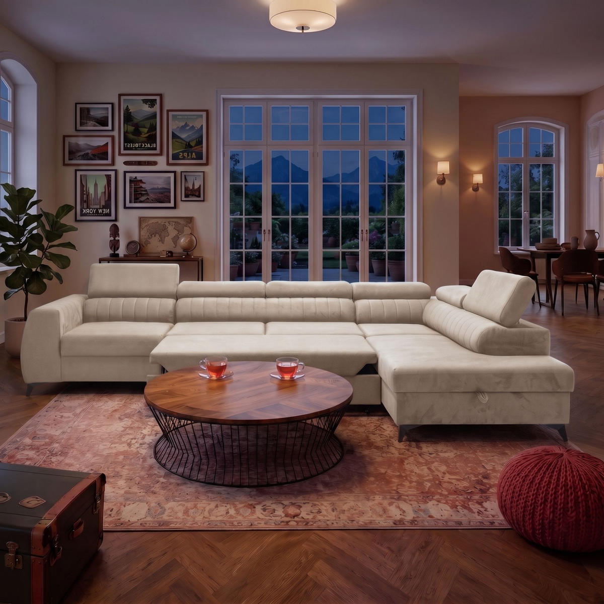 ECKSOFA PIERO MAXI Rechts mit Schlaffunktion 195x125 Velours Beige - Beige/Schwarz, Holz/Textil (203/350cm) - Muffo